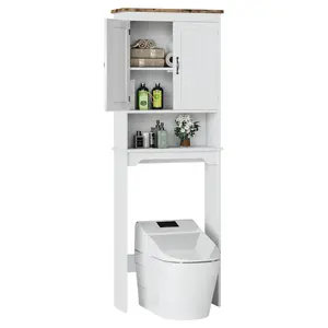 66 Inch Tall Over Toilet Storage Cabinet, Space Saving Bathroom Organizer with Double Doors and Adjustable Shelves, Freestanding Shelf Unit for Small Bathrooms