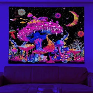 Fluorescent Mushroom Print Tapestry, Durable Decorative Tapestry, UV Black Light Home Decor Posters Tapestry, Glow In The Dark Wall Hanging for Living Room, Bedroom Accessories, Summer Gift