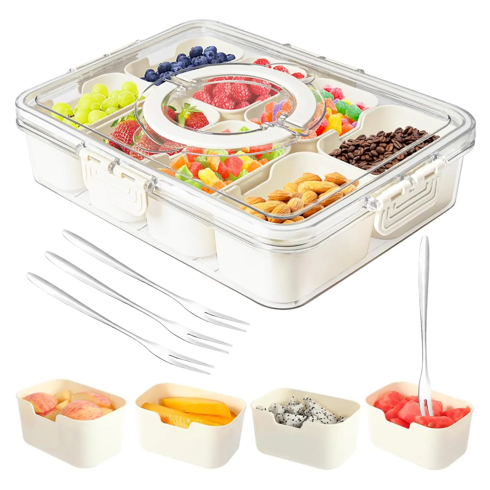 Portable Snack Box, Snackle Box Container with 8 Compartments and Divided Serving Tray with Lid, Clear Storage Organizer for Fruit, Candy, Nuts and Vegetables, Perfect for Road Trips and Parties