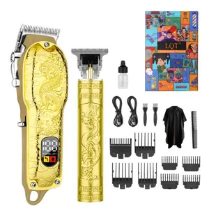 LQT Golden Dragon Carved 2-in-1 Men's Grooming Kit, Cordless Hair Clipper with LCD Display, Precision T-Blade Trimmer, Complete Rechargeable Barber Set for Salon & Home DIY Fades, Edges & Beard Styling