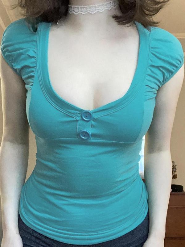 Women's Plain Button Tee, Casual Sweetheart Neck Short Sleeve T-shirt for Summer, Women's Top for Daily Wear