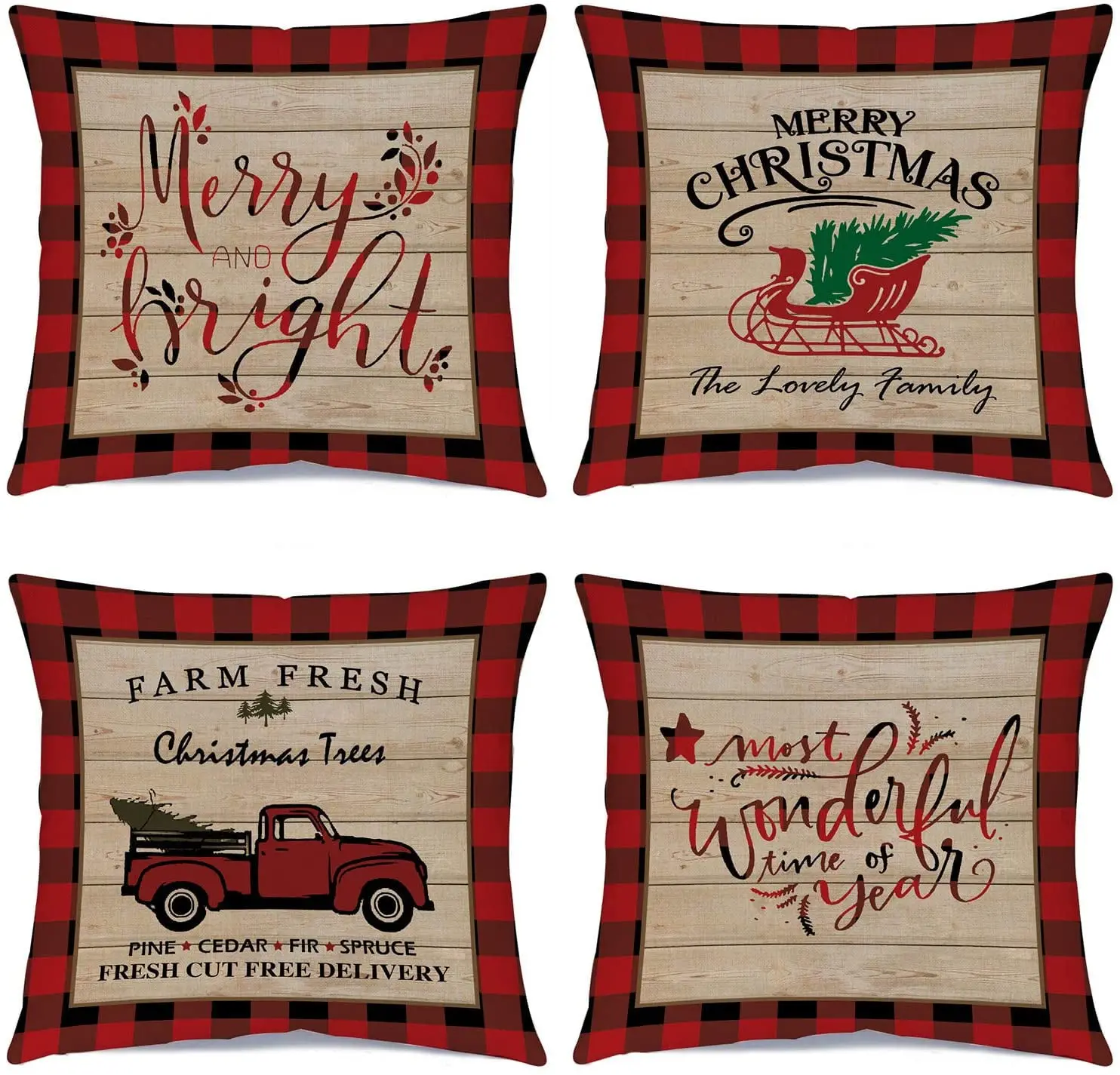 DecorX Christmas Pillow Covers 4 Pack - Country Rustic Design with Red Farmhouse Traditional Plaid and Merry Christmas Themes