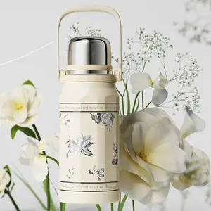 【Floral Whisper】 GOOM | 32 oz Insulated Thermos with Adjustable Water Bottle Strap, Large Capacity, Stainless Steel