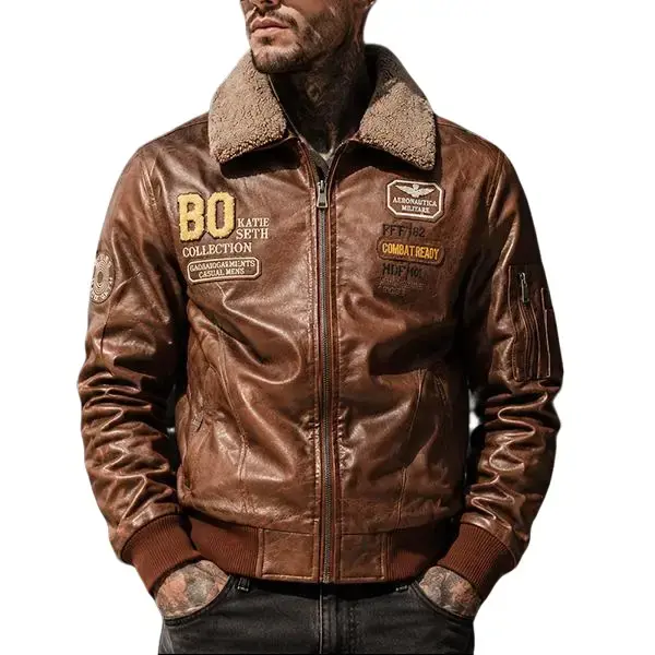 Men's fleece-lined aviator leather jacket with intricate embroidery patches and a vintage distressed brown finish