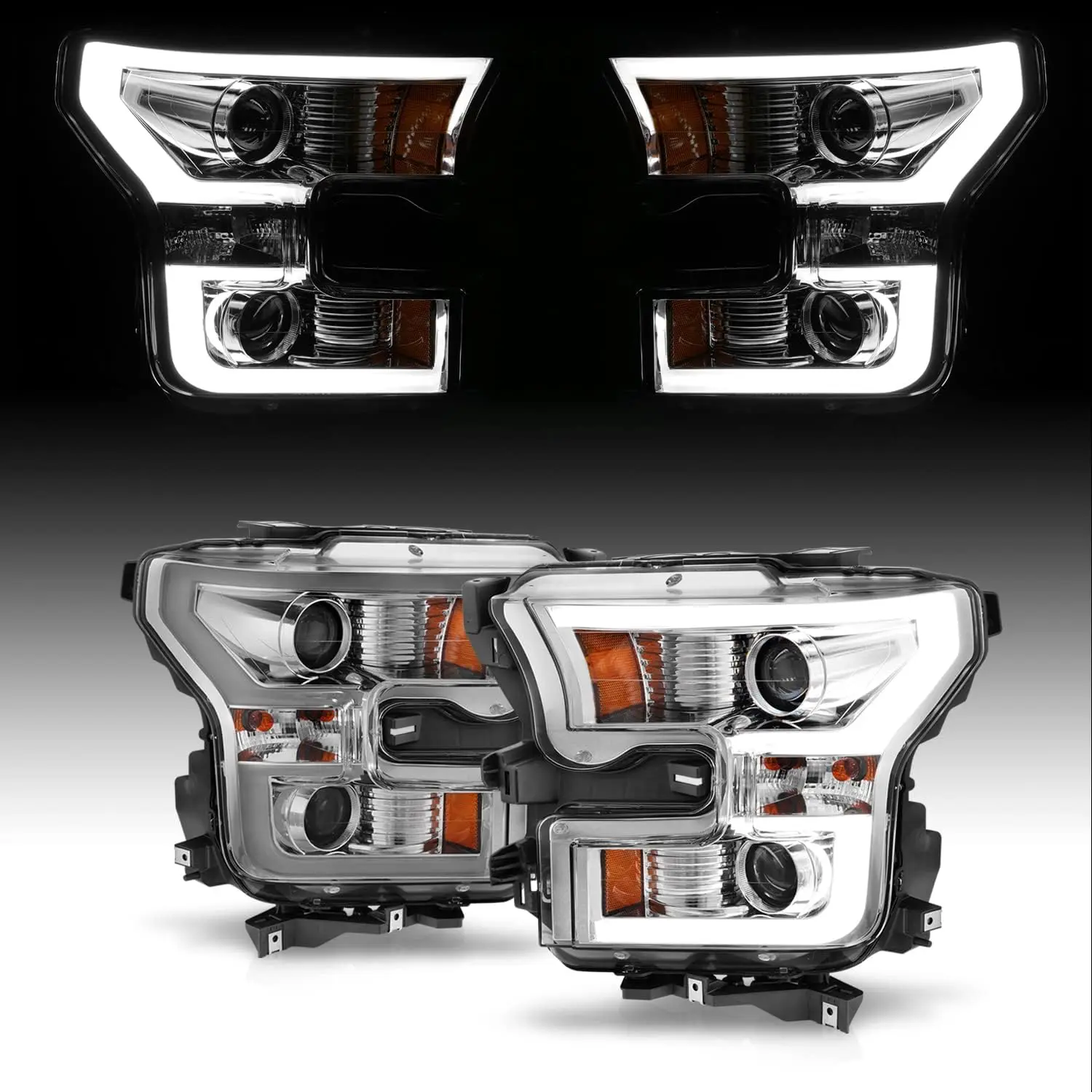 AmeriLite for 2015-2017 Ford F150 Truck LED Tube Dual Projector Beam Chrome Headlight Assembly Set - Driver and Passenger Side