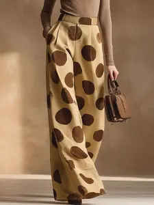 High-Waisted Wide Leg Pants with Pleats and Pockets, Polka Dot Long Trousers, Stylish and Comfortable Bottoms for Women, Casual Pocket Pants, Casual Loose Pants, Casual Chic Bottoms