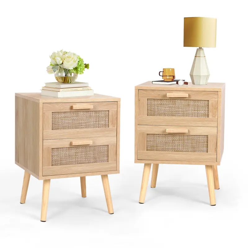 VOWNER Rattan Nightstand, End Table with 2 Drawers and Solid Wood Legs, Side Table with Storage for Bedroom, Easy Assembly Night Stand for Kids Room