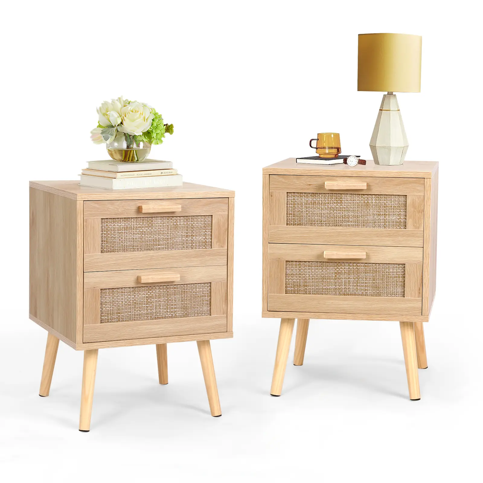 VOWNER Rattan Nightstand, End Table with 2 Drawers and Solid Wood Legs, Side Table with Storage for Bedroom, Easy Assembly Night Stand for Kids Room