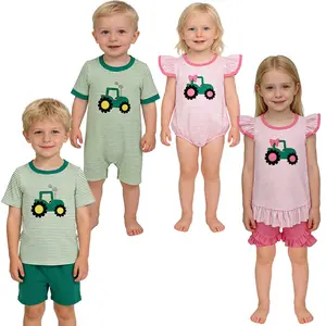 Baby Boys Green Stripes Trucks Embroidery Flutter Sleeve Tunic Top Shorts Matching Girls Outfits Rompers Sets