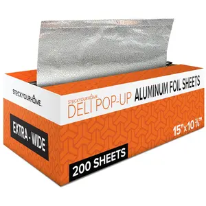 Pre-Cut Deli Aluminum Foil Sheets, 200 Count 15” Extra Wide Heavy Duty Pop Up Foil Sheets for Restaurant, Disposable Foil Sheets for Food, Tin Foil Sheets for Burrito, Hot Dog or Sandwich, Silver