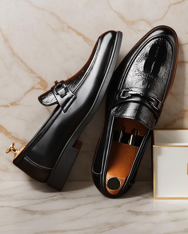 Men's Black Croc-Embossed Buckle Strap Loafers, Formal Slip-On Leather Shoes86392