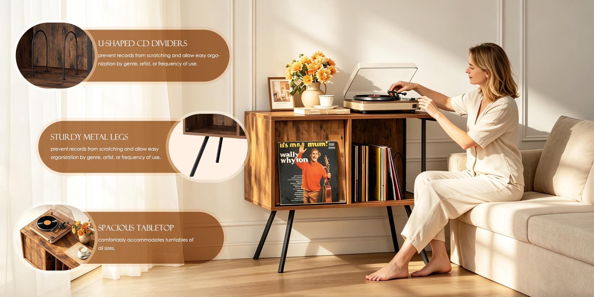Vinyl Record Player Display Stand with Flip-Top Cover, 150LBS Capacity Turntable Shelf with U-Shaped Dividers, Record Storage Cabinet for Living Room Bedroom, Brown Tiger Wood Finish & Black Metal Frame