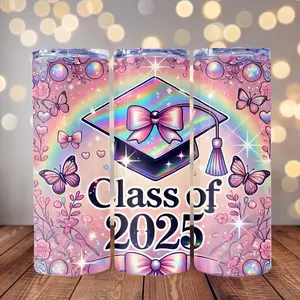 Class of 2025 Pink 20oz Stainless Steel Graduation Tumbler with Sliding Lid and Straw Portable Durable Drinkware Flasks Mug Bottles Water Bottles Bottled