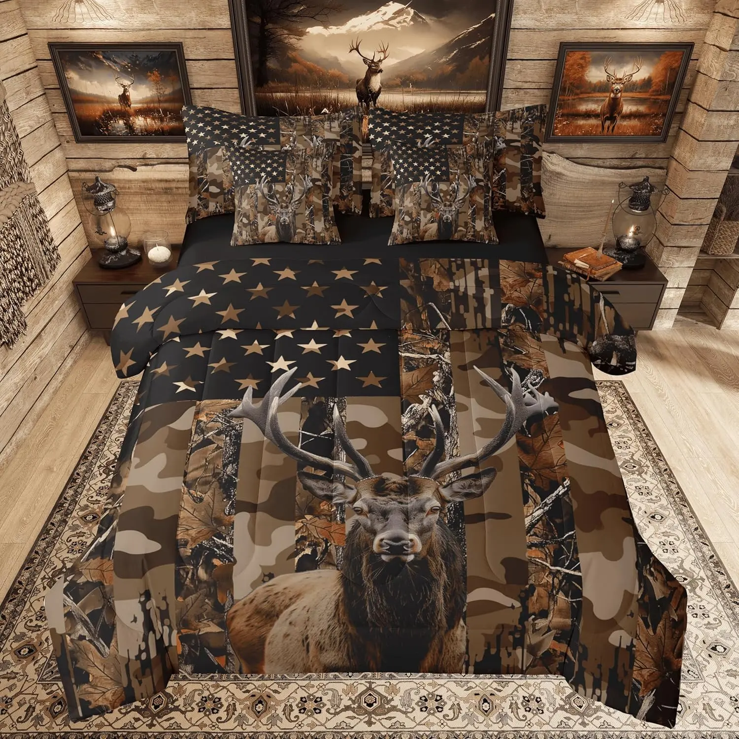 Deer Hunting Camo Comforter Set with Sheets 7 Piece American Flag Bed in a Bag Western Farmhouse Bedding Set Wildlife Bedroom Decor Soft Breathable Lightweight