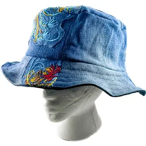 Upcycled Denim Bucket Hat with Denim Embroidered Patches