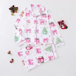 Women's Christmas Bow Floral Potted Print Casual Pajama Set, Top with Pocket Detail, Lapel Neckline, Long Sleeve, and Matching Trousers, Suitable for Christmas Holiday Homewear Outfit
