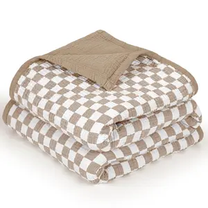 Muslin Checkered Baby:Lightweight Cotton Toddler Blanket - for 47"x47"(Caramel Checkered)