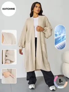 Katch Me Chic Minimalist Balloon Sleeve Drop Shoulder Cardigan,Trendy Knitwear for Fall & Winter, Open-Front Side Pockets Cardigan, Clothes Length 43.5"