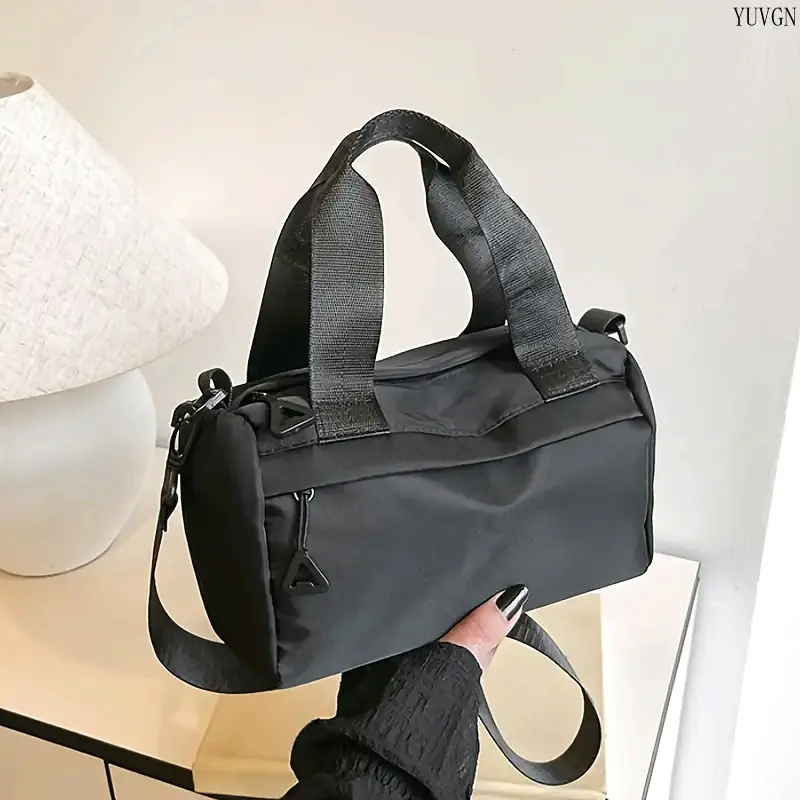 Nylon Sporty Gym Bag - Crossbody Bag with Adjustable Strap, Zipper Closure, Lightweight Solid Black Tote for Commuting, Travel, Sporty Gym Bags