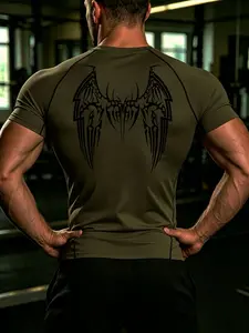 Men's Summer Wings Print Fitness Short Sleeve, Comfortable Breathable Compression Top, Sporty Quick Dry Athletic Wear, Athletic Compression Shirts