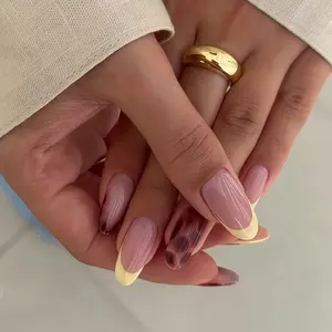 24 Almond Shape Nails, Soft with French Tip & Tortoiseshell Detail, Y2K Glossy False Nails, Reusable, Includes Jelly Glue & Nail File