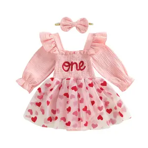 Canrulo Baby Girl First Birthday Outfits with Headband Long Sleeve Letter Embroidery Romper Princess Dress Heart Print Bodysuit Tulle Tutu Skirt 2Pcs Girls 1st Birthday Clothes