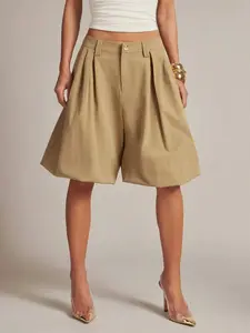 New Summer Spring Commuter Casual Solid Mid-Length Pants, High-Waisted Pleated Wide-Leg Five-Quarter Pants, Flower Bud Women's Shorts