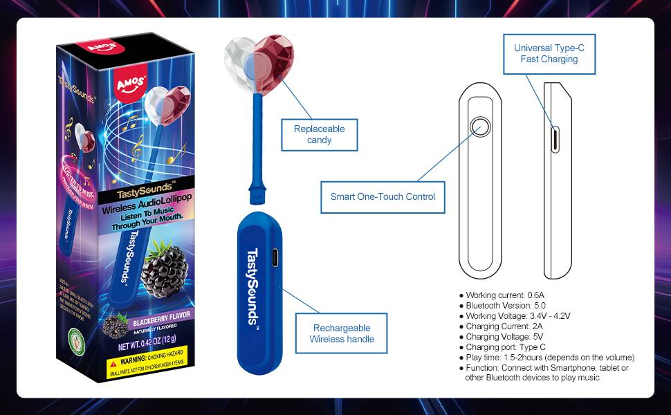 AMOS TastySounds Wireless Audio Lollipop Gift Set, Listen to Music Through Candy, MultiFlavor Novelty Candy Combo with Rechargeable Audio Device for Gifts AMOS TastySounds Wireless Audio Lollipop Gift Set, Listen to Music Through Candy, MultiFlavor Novelty Candy Combo with Rechargeable Audio Device for Gifts