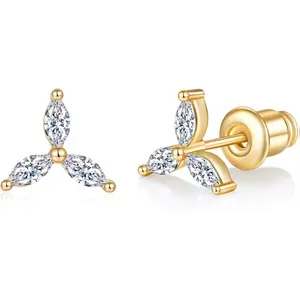 MINDDHA 14K Gold Plated Cubic Zirconia 3-Leaf Flower Cartilage Earring | Sterling Silver Posts Stud for Tragus, Conch, Helix Piercings | Perfect for Women & Teens | 7.6mm x 8.5 mm