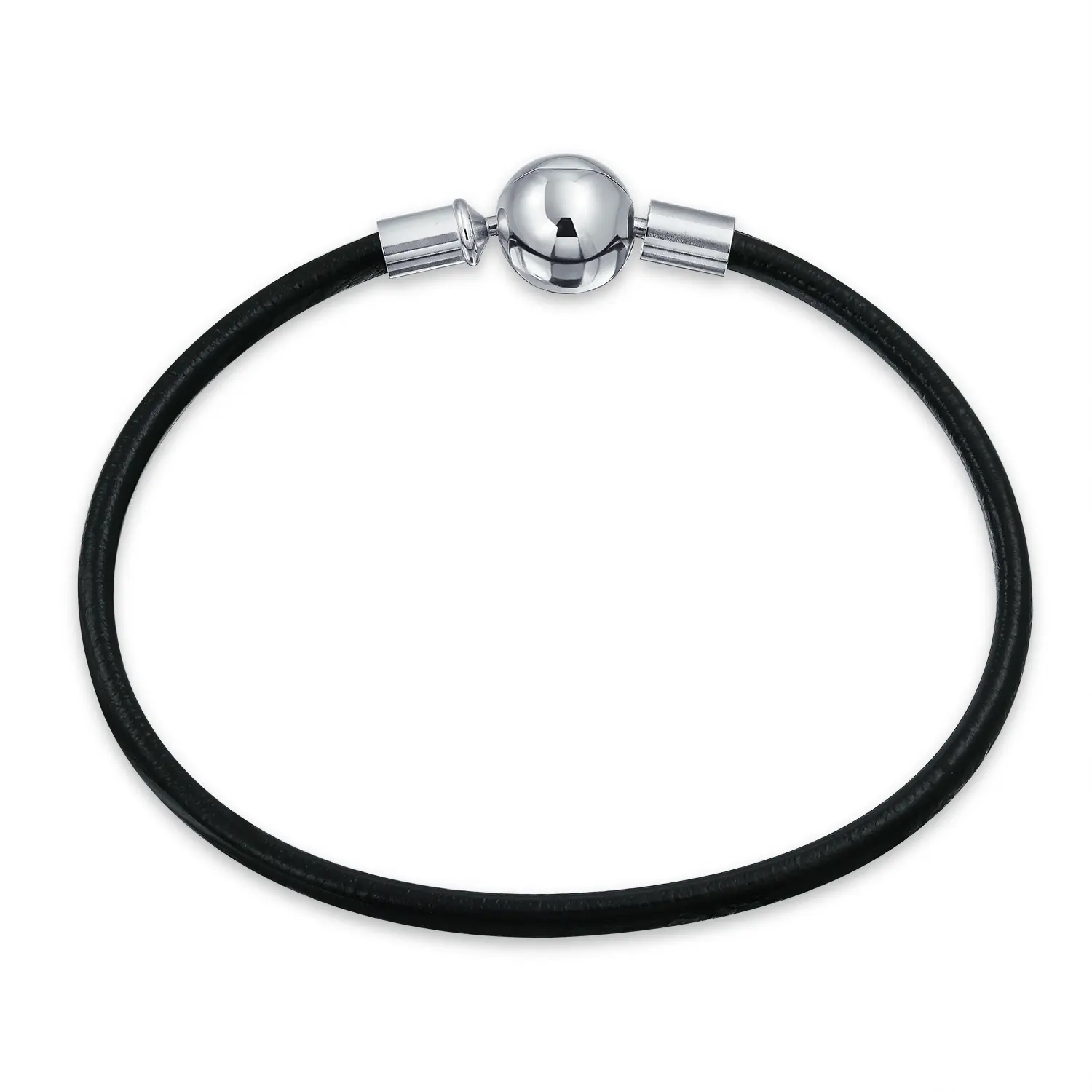 Black Genuine Leather Strand Bracelet Sterling Silver Round Barrel Clasp