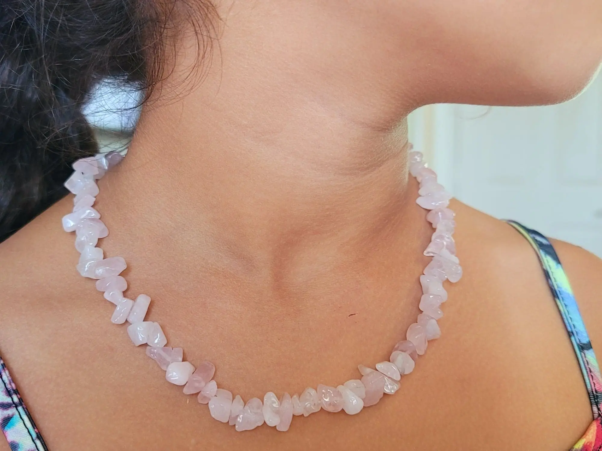 Elegant Rose Quartz Choker Necklace - Silver Tone, Adjustable Up to 18 Inches