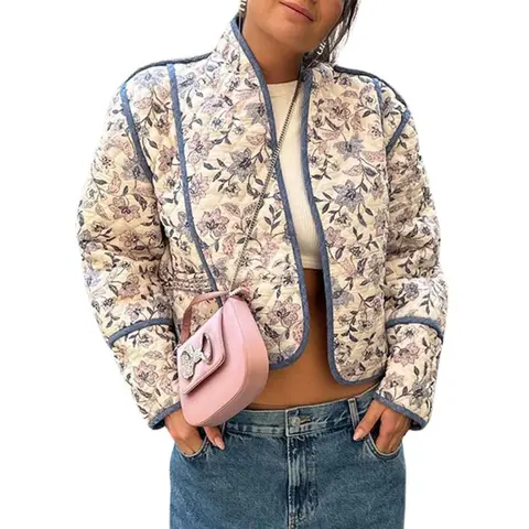 TanmingModa Women's Fitted Quilted Floral Print Open-Front Cropped Jacket - Lightweight Padded Pull-On Cardigan Coat, Cozy Fashion for Casual/Semi-Formal Wear, Thanksgiving & Halloween Essential