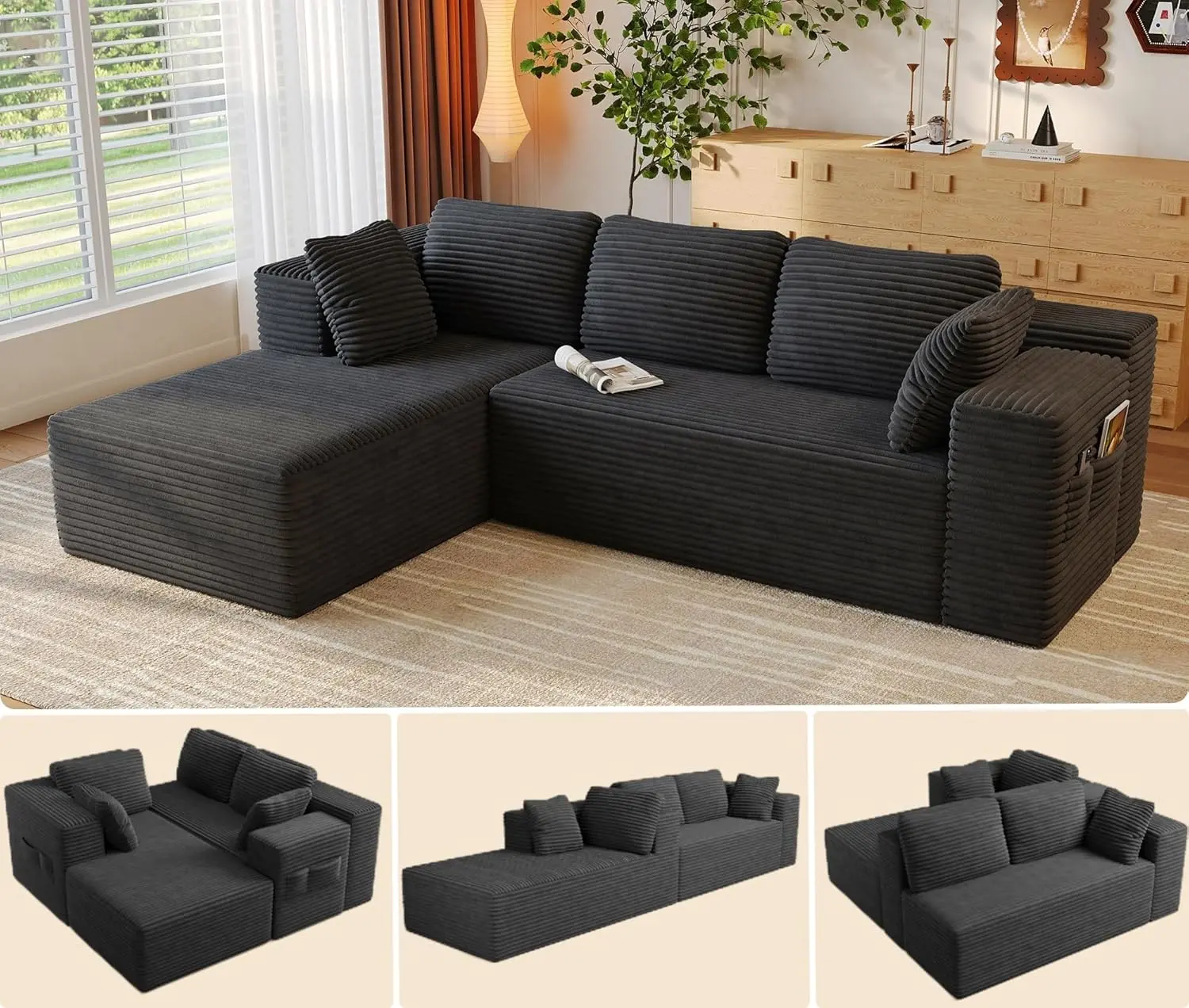 GIZOON 105" Cloud Sectional Couch with L-Shape Chaise Modular Boneless Sofa for Living Room Upholstered Corduroy Fabric No Assembly Required Home Deco
