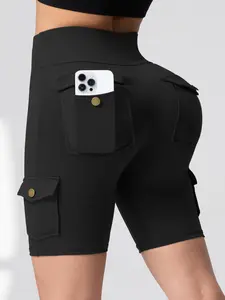 Women's Solid Color Flap Pocket Cargo Shorts, Casual Comfy Breathable Skinny Shorts for Daily Wear, Ladies Bottoms for Summer