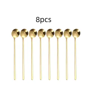 8pcs Stainless Steel 304 Small Round Spoons, Home Use Tea Spoon Dessert Spoon Long Handle Stirring Spoon Set