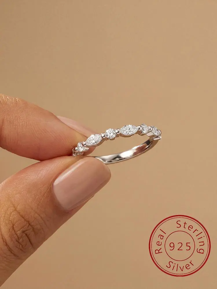 925 Sterling Silver Simplicity Marquise Round Zircon Bead Ring For Women Engagement Wedding Fashion  Fine Jewelry