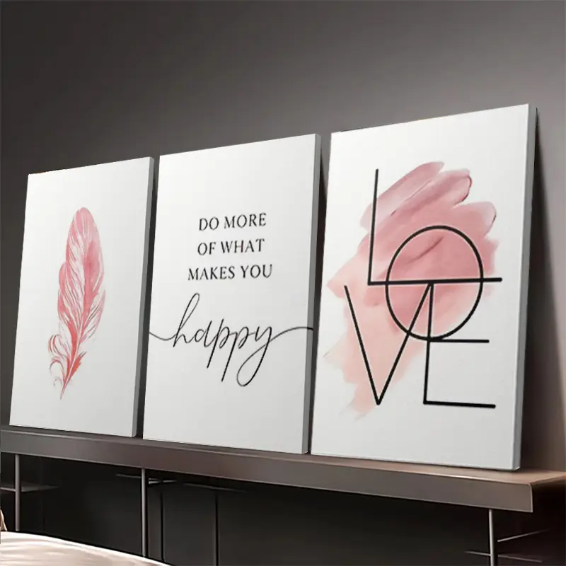 Three-piece pink wall art set, feather canvas inspirational quote poster and heart symbol print for room decoration and home decor