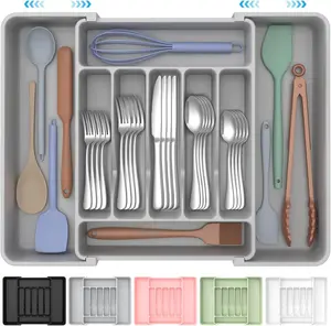 Extra Large Expandable Silverware Organizer,Food-Safe Cutlery Flatware Organizer, Kitchen Utensil Drawer Organizer, Adjustable Silverware Holder for Spoons Forks Knives, Gray