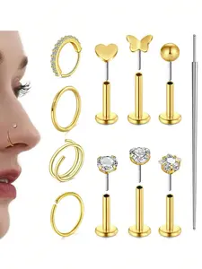 Nose Ring & Lip Ring & Earring Set, Stainless Steel Nose Ring, Lip Ring, Earring, Helix Cartilage Piercing, Helix Pierced Ring, Body Piercing Jewelry for Women & Men, Trendy All-match & Exquisite Jewelry for Birthday Gift