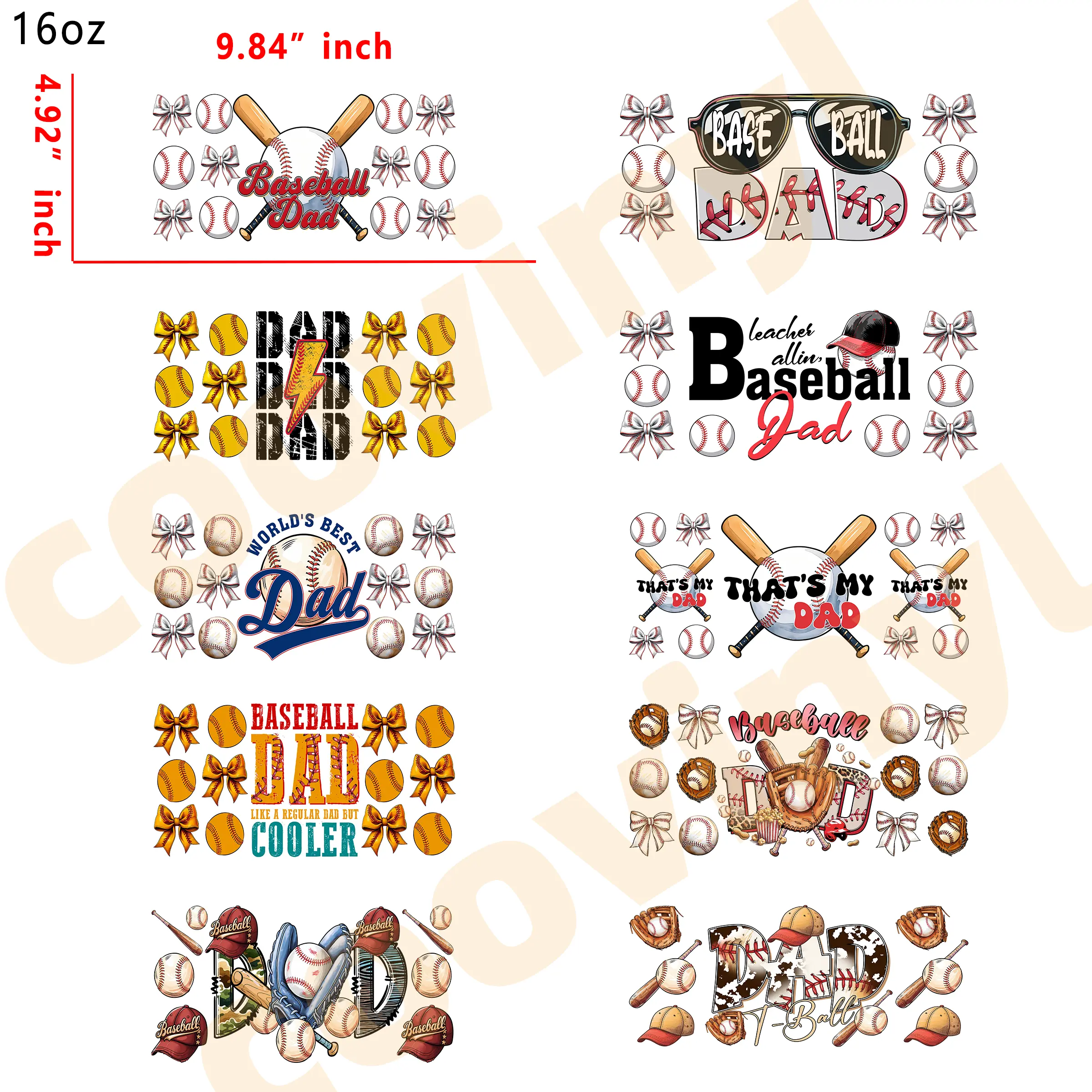 (K96) 10pcs baseball dad 16OZ Tumbler Cup Wraps, Waterproof Fade-Resistant Decal Stickers, Vivid HD Print with Strong Adhesion, Customizable Transfers for Glass Cups, Mugs & Smooth Surfaces, DIY Art Craft Supplies