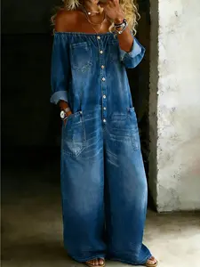 Women's Off-Shoulder Denim Jumpsuit - Button Front, Loose Wide Leg with Pockets, Casual One-Piece Outfit