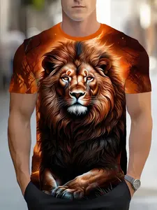 Men's Summer Lion 3D Digital Print T-Shirt, Round Neck, Street Style, Streetwear, Breathable Fabric, Casual and Sports Use, Long Sleeve