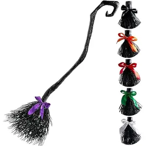 55'' Halloween Witch Broom Cane with Ribbons, Witches Broomstick for Kids Women Wizard Costume Parties, Photo Booth Accessory Stage Prop, Halloween Decorations