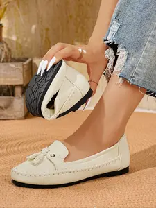 Spring Summer Casual PU Leather Slip-On Shoes, Breathable Round Toe Flats, Handmade Floral Decor, Women's Footwear
