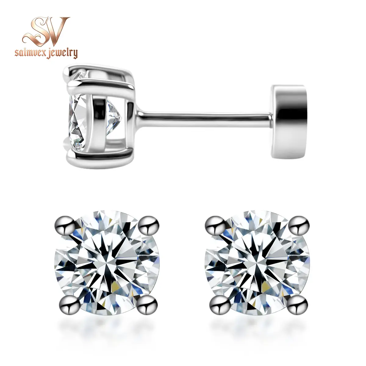 Salmvex Jewelry Parallel Dream Solitaire Four-Prong Stud Earrings Flat Back Earrings Screw-on Synthetic Moissanite Earrings Jewelry S925 Sterling Silver Studs Perfect Engagement Wedding Christmas Gift
