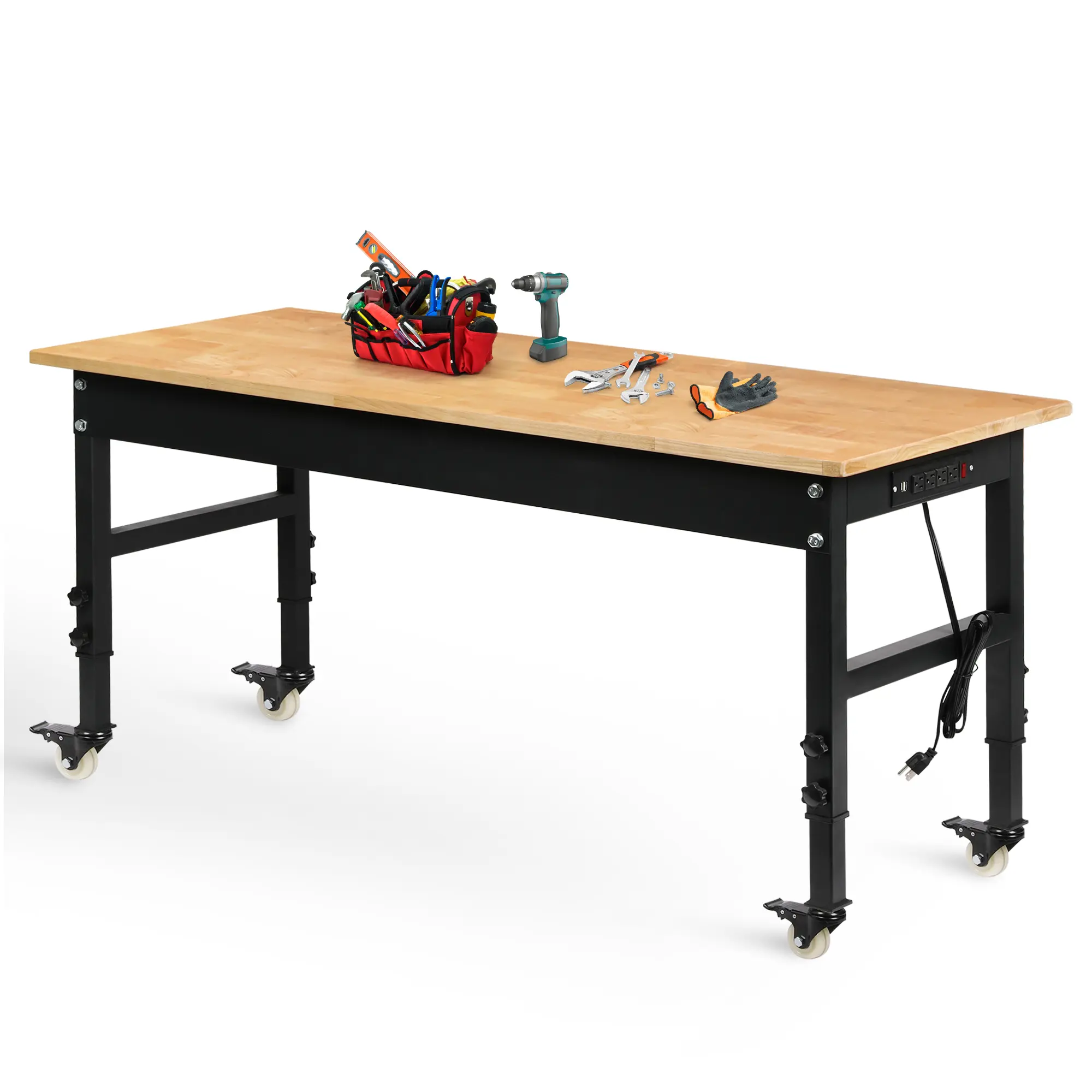 Topwin Adjustable Ergonomic Industrial Workbench - 60"x24" Rubber Wood Top, 2000 lbs Sturdy Heavy-Duty, 25.5"-37.5" Adjustable Height, 4 AC 2 USB Power Outlets, Wheel-Mounted, Prevents Same Working Posture, Garage Home Use Commercial Office Furniture