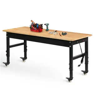 Topwin Adjustable Height Workbench, 60" Rubber Wood Top, 2000 lbs Heavy-Duty Workstation with Power Outlets for Garage, Office, or Home Desk
