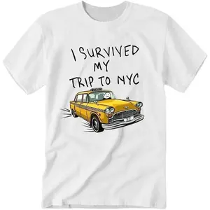 "I Survived My Trip To NYC" Yellow Taxi Graphic T-Shirt, 100% Cotton Funny New York Souvenir Tee, Retro NYC Streetwear Top