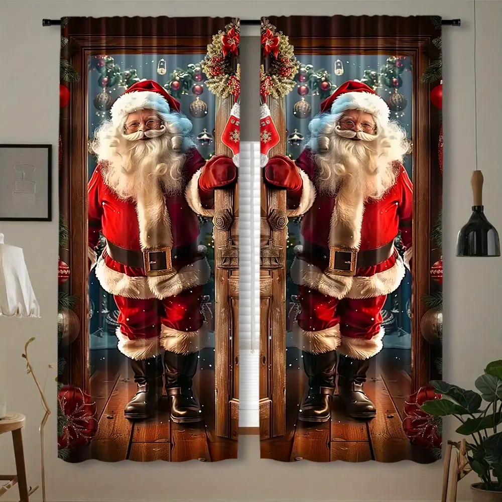2-Piece set, 2D flat, Santa curtains, pole pocket polyester curtains, translucent room decoration, suitable for living room, bedroom, dining room, study home decoration, suitable for Christmas theme window decoration.
