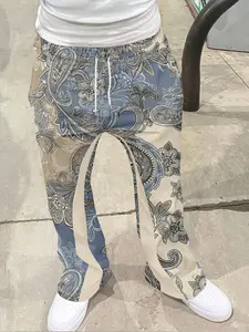 Men's Loose Fit 3D Print Geometric Flared Bell Bottom Pants, Casual Sporty Streetwear, Hip Hop Graffiti Vintage Long Pants for All Seasons